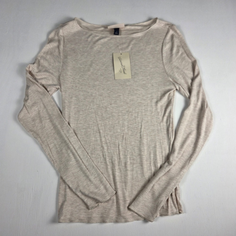Universal Thread Oatmeal Ribbed Lettuce Hem Boat Neck Top S NWT